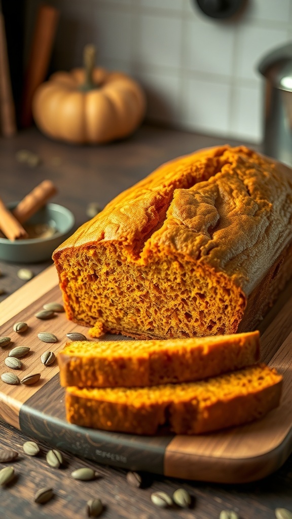 A loaf of golden brown pumpkin bread on a wooden board with a slice cut, surrounded by pumpkin seeds and cinnamon sticks.